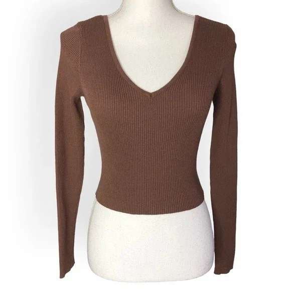 Forever 21 Tops Forever Brown Ribbed Vneck Long Sleeve